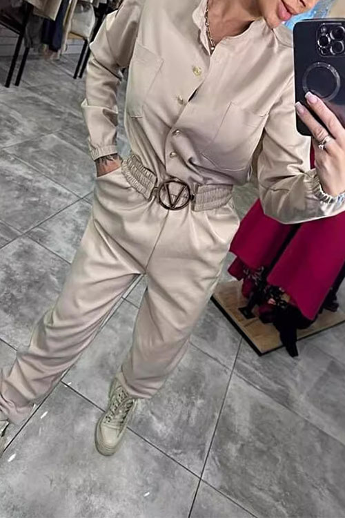 Nonnadress Cinched Waist Long-Sleeve Casual Shirt Jumpsuit