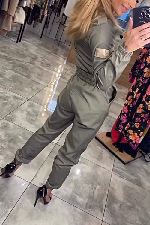 Nonnadress Cinched Waist Long-Sleeve Casual Shirt Jumpsuit