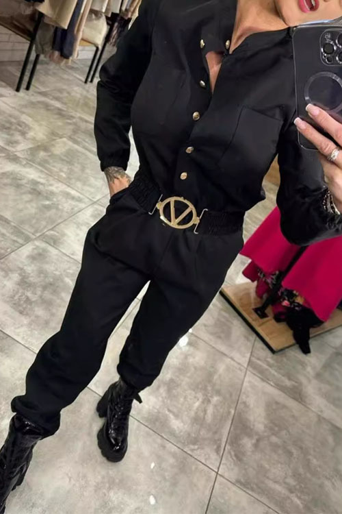 Nonnadress Cinched Waist Long-Sleeve Casual Shirt Jumpsuit