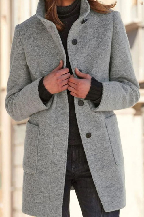 Kathiadress Retro solid color buttoned stand collar woolen jacket