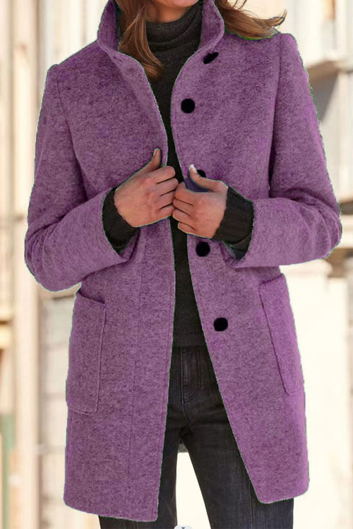 Kathiadress Retro solid color buttoned stand collar woolen jacket