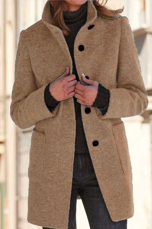 Kathiadress Retro solid color buttoned stand collar woolen jacket
