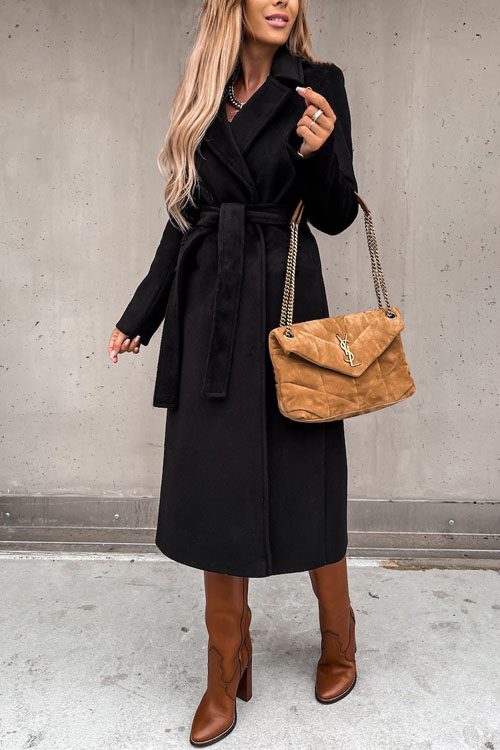 Kathiadress Lapel  woolen simple strappy windbreaker coat