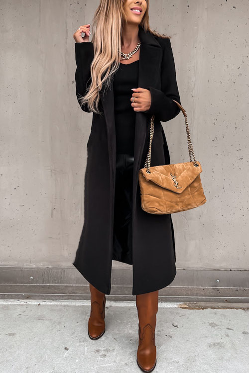 Kathiadress Lapel  woolen simple strappy windbreaker coat
