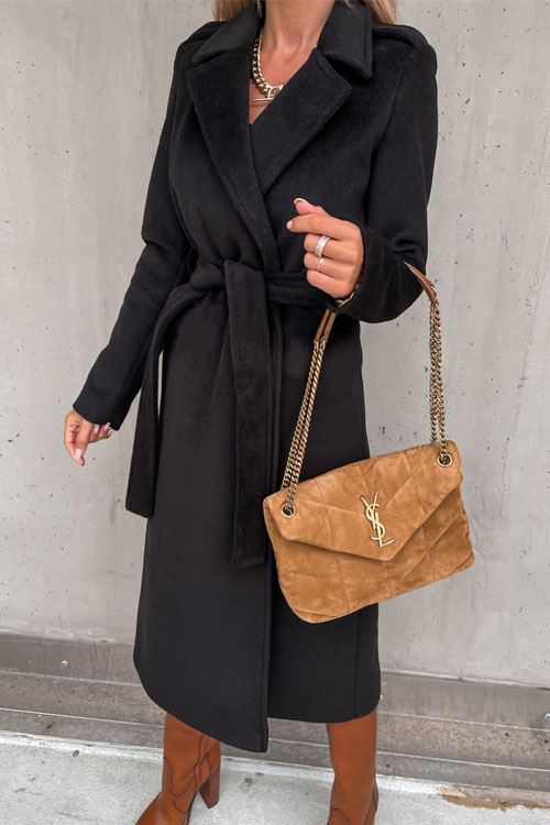 Kathiadress Lapel  woolen simple strappy windbreaker coat