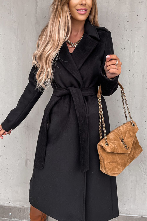 Kathiadress Lapel  woolen simple strappy windbreaker coat