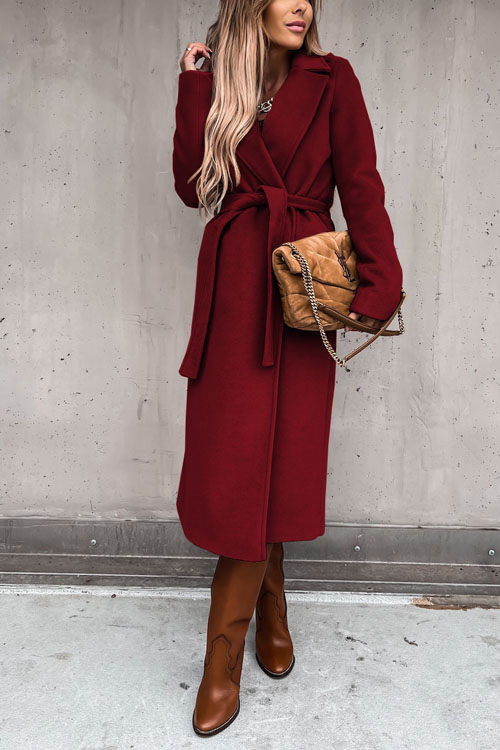 Kathiadress Lapel  woolen simple strappy windbreaker coat