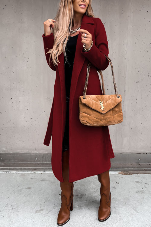 Kathiadress Lapel  woolen simple strappy windbreaker coat