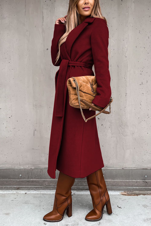 Kathiadress Lapel  woolen simple strappy windbreaker coat