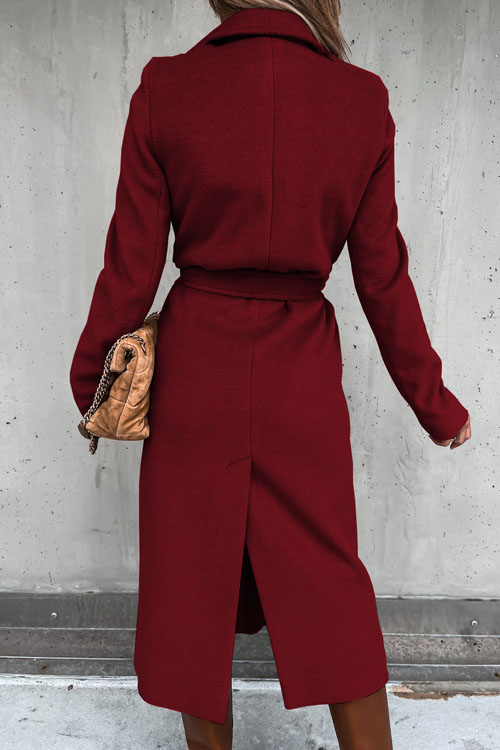 Kathiadress Lapel  woolen simple strappy windbreaker coat