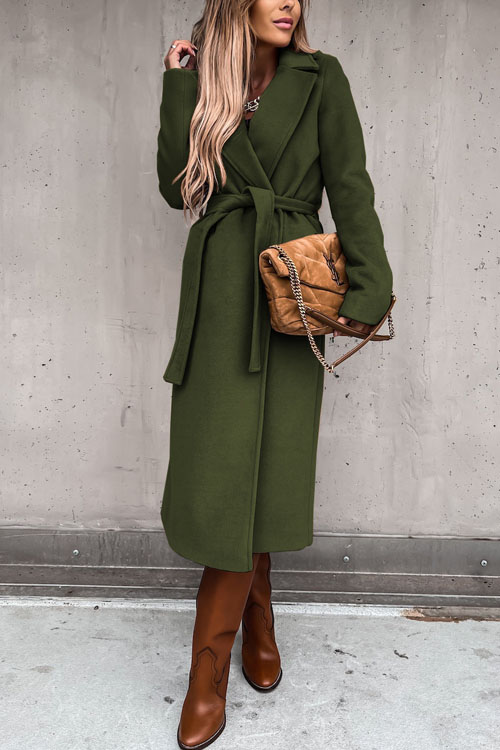 Kathiadress Lapel  woolen simple strappy windbreaker coat