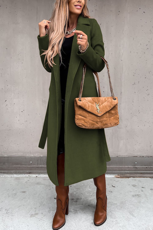 Kathiadress Lapel  woolen simple strappy windbreaker coat