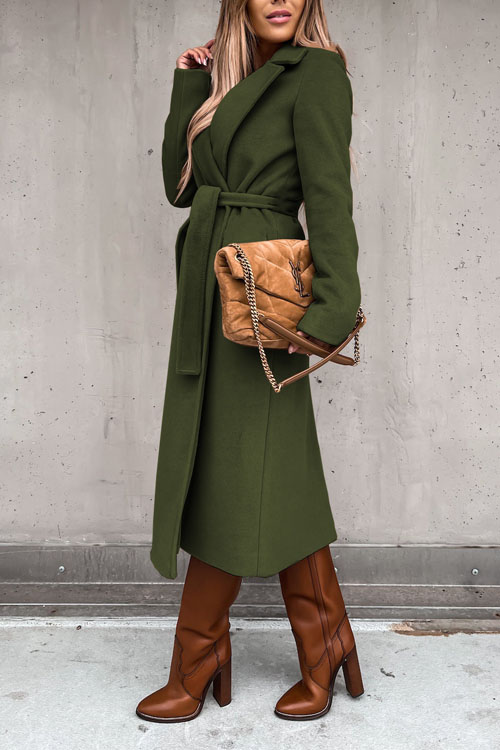 Kathiadress Lapel  woolen simple strappy windbreaker coat