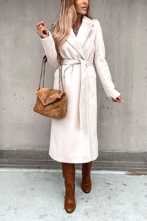 Kathiadress Lapel  woolen simple strappy windbreaker coat