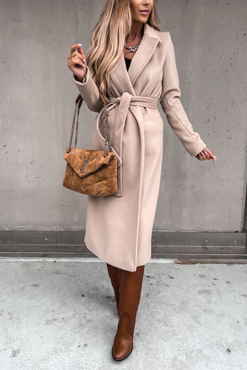 Kathiadress Lapel  woolen simple strappy windbreaker coat