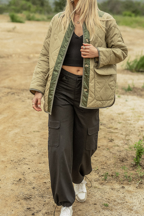 Kathiadress Hourglass quilted cotton color-block double patch pocket jacket