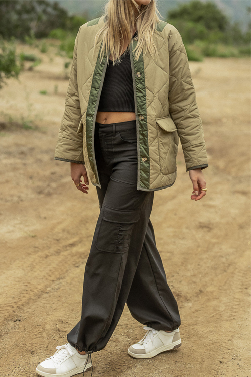 Kathiadress Hourglass quilted cotton color-block double patch pocket jacket