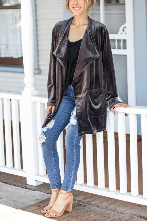 Kathiadress Velvet loose double patch pocket cardigan jacket