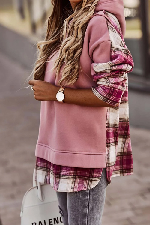 Nonnadress Plaid patchwork pullover hooded sweatshirt top