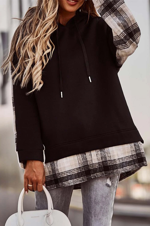 Nonnadress Plaid patchwork pullover hooded sweatshirt top