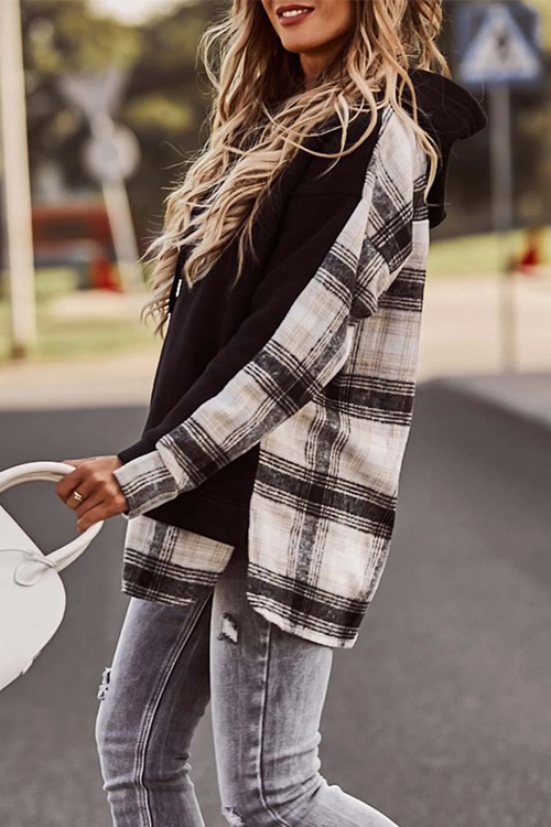 Nonnadress Plaid patchwork pullover hooded sweatshirt top