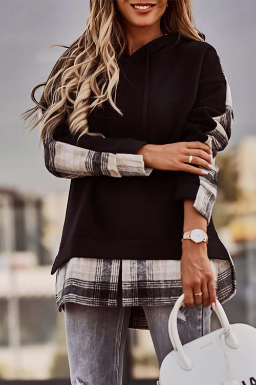 Nonnadress Plaid patchwork pullover hooded sweatshirt top