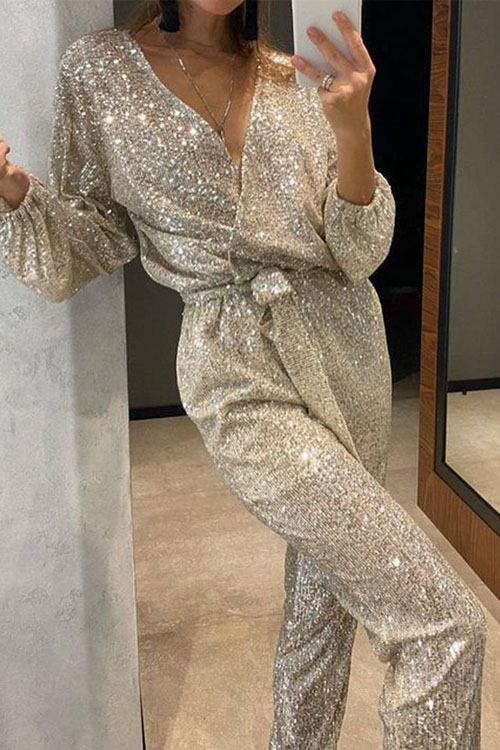 Nonnadress V-neck Long-sleeve Glitter Sequin Cinched-waist Jumpsuit