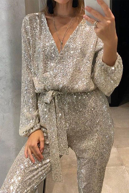 Nonnadress V-neck Long-sleeve Glitter Sequin Cinched-waist Jumpsuit