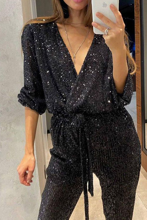 Nonnadress V-neck Long-sleeve Glitter Sequin Cinched-waist Jumpsuit
