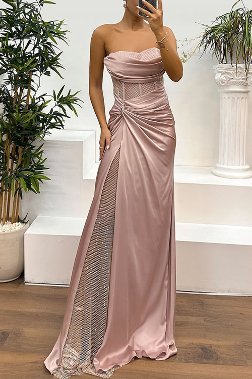 Nonnadress Gathering Satin Spliced Strapless Dress