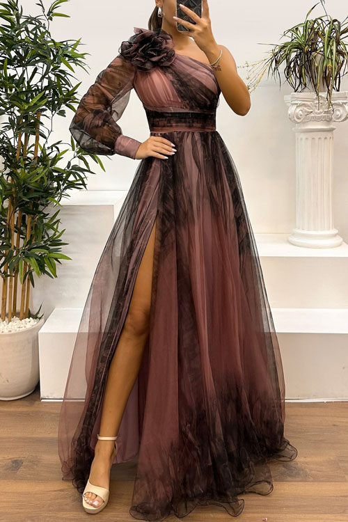 Nonnadress One-shoulder Mesh Printed Dress