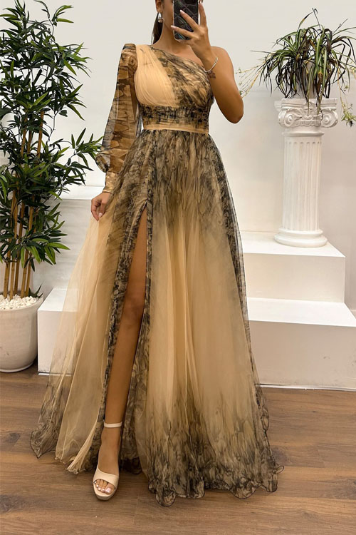 Nonnadress One-shoulder Mesh Printed Dress