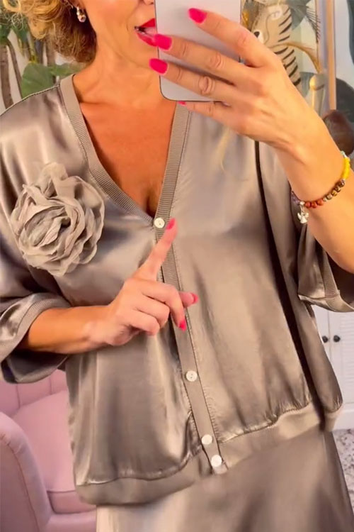 Nonnadress Elegant Solid Color V-Neck Button-Up Skirt Suit