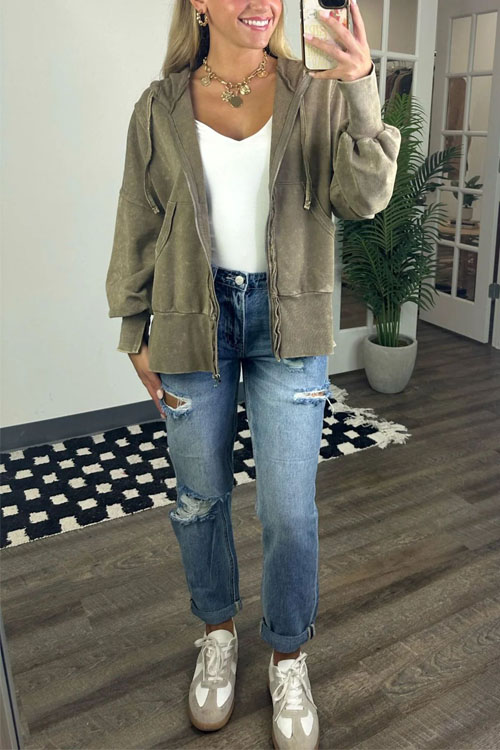 Nonnadress Fashionable Long-sleeve Pocket Hoodie Washed Jacket