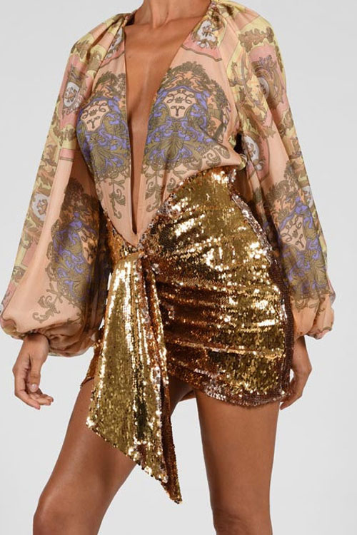 Nonnadress Gold Sequin Irregular Cut Sexy Mini Skirt