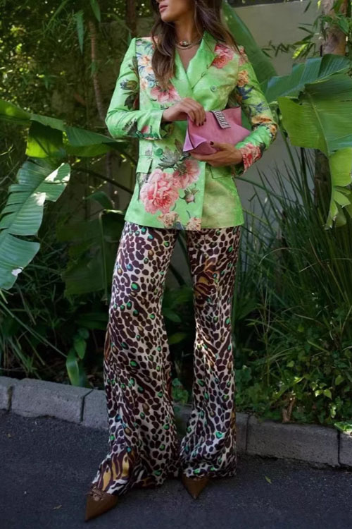 Nonnadress Pink Floral Green Lapel Blazer