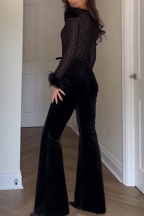 Nonnadress velvet paneled long-sleeved party jumpsuit