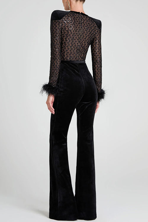 Nonnadress velvet paneled long-sleeved party jumpsuit