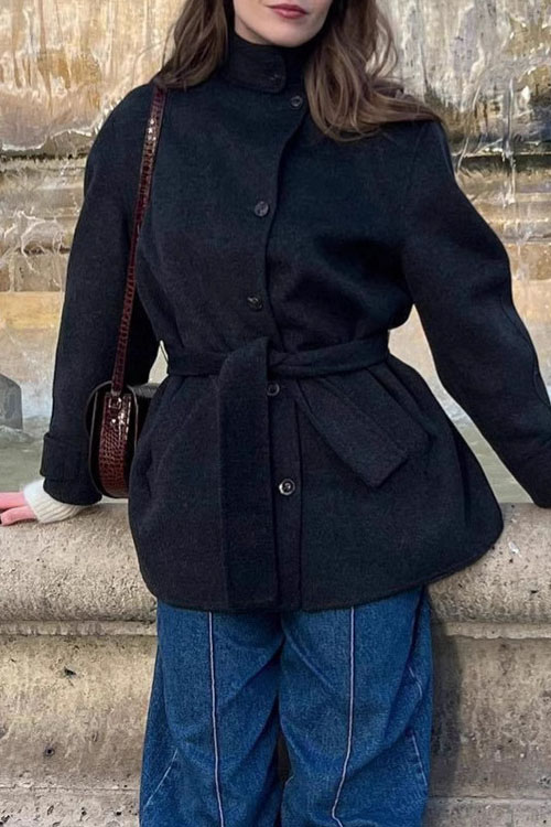 Nonnadress Belted half turtleneck solid color woolen coat