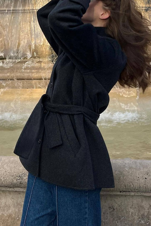 Nonnadress Belted half turtleneck solid color woolen coat