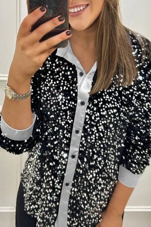 Nonnadress Stylish lapel button-down sequined shirt top
