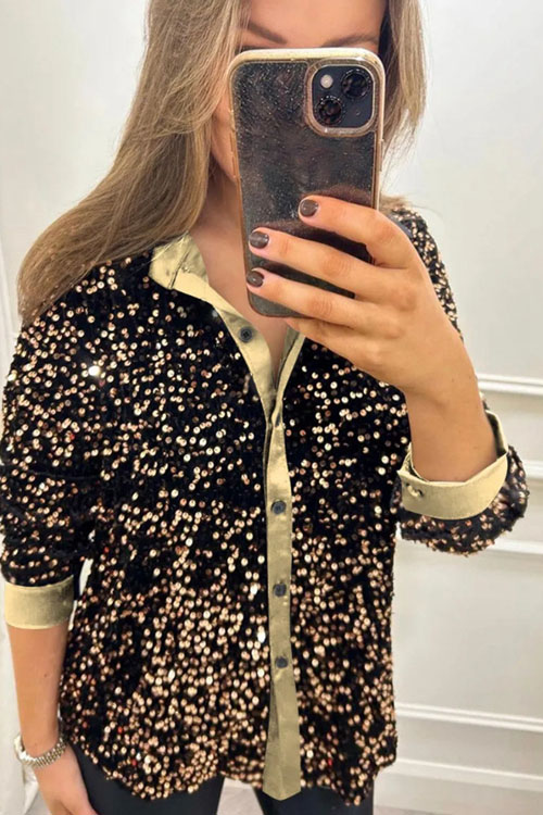 Nonnadress Stylish lapel button-down sequined shirt top