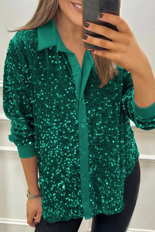 Nonnadress Stylish lapel button-down sequined shirt top