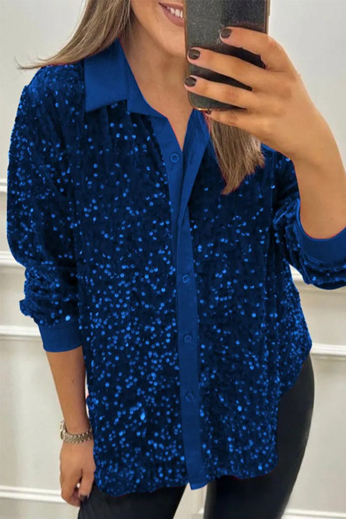 Nonnadress Stylish lapel button-down sequined shirt top