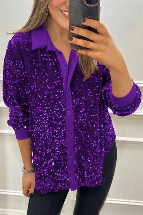 Nonnadress Stylish lapel button-down sequined shirt top