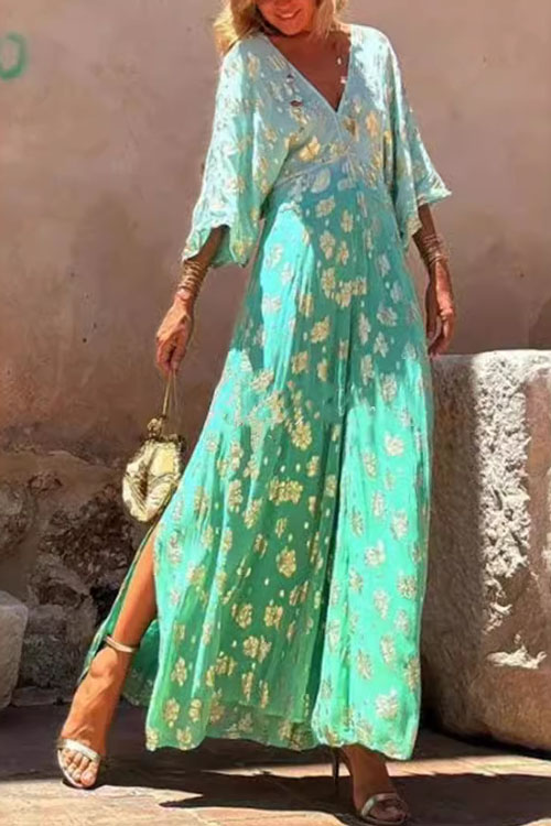 Nonnadress  Printed V-neck open back waisted wide-leg jumpsuit