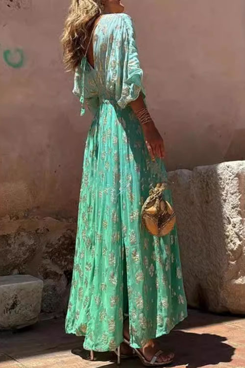 Nonnadress  Printed V-neck open back waisted wide-leg jumpsuit