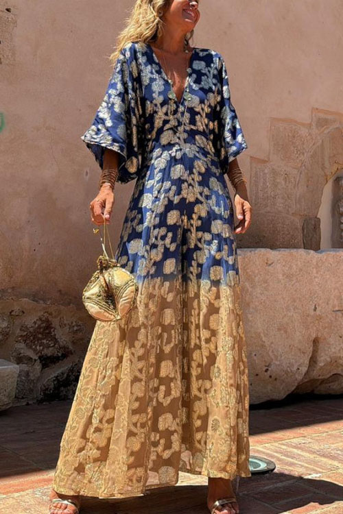 Nonnadress  Printed V-neck open back waisted wide-leg jumpsuit