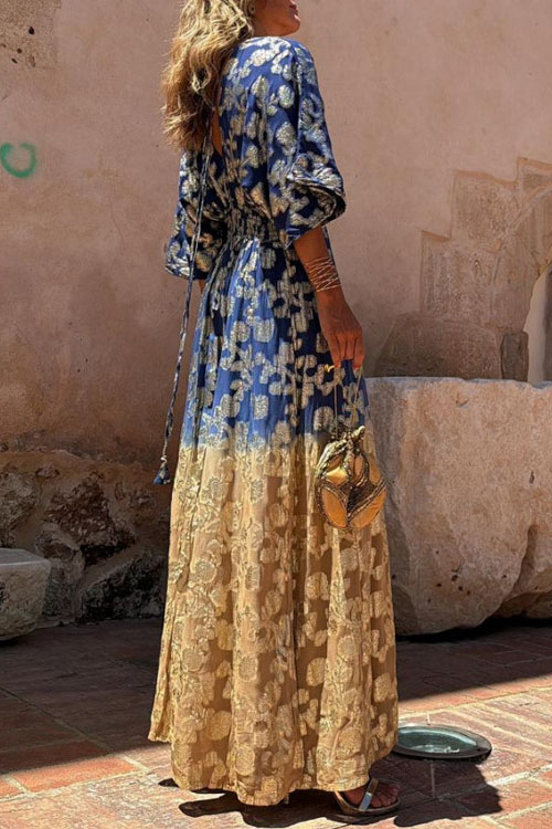 Nonnadress  Printed V-neck open back waisted wide-leg jumpsuit