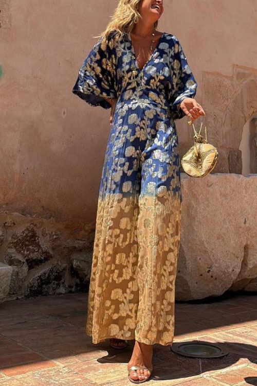 Nonnadress  Printed V-neck open back waisted wide-leg jumpsuit